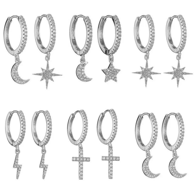 Delicate Silver Color Cubic Zircon Star & Moon Drop Pendant Hoop Earrings for Women New Trendy Wedding Earring Jewelry Gifts