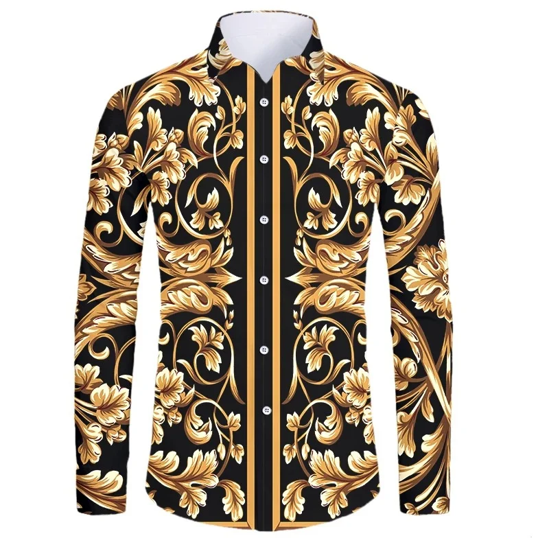 thumbnail image 1 of Camisas de manga corta con botones y estampado 3D de lujo de alta gama con patrón dorado para hombres, blusas de estilo callejero de moda, atuendos de hip hop, 1 of 5