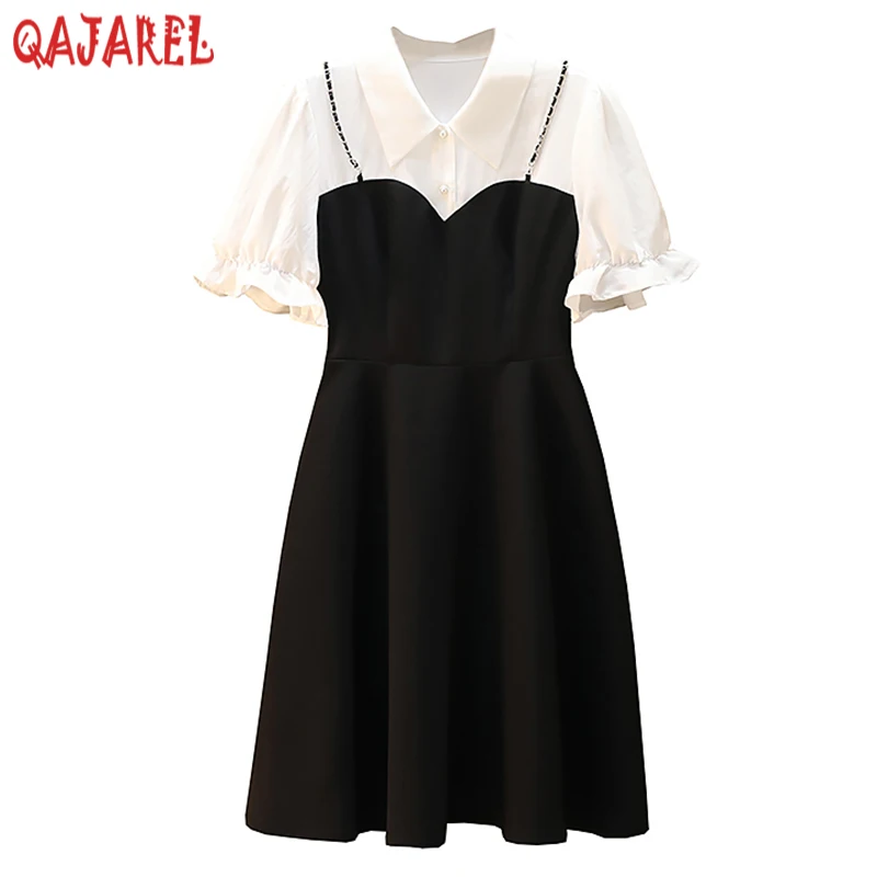 

Летнее черное лоскутное Белое платье миди с пышными рукавами и квадратным воротником 2024 женское Новое высококачественное корейское винтажное платье в стиле Хепберн