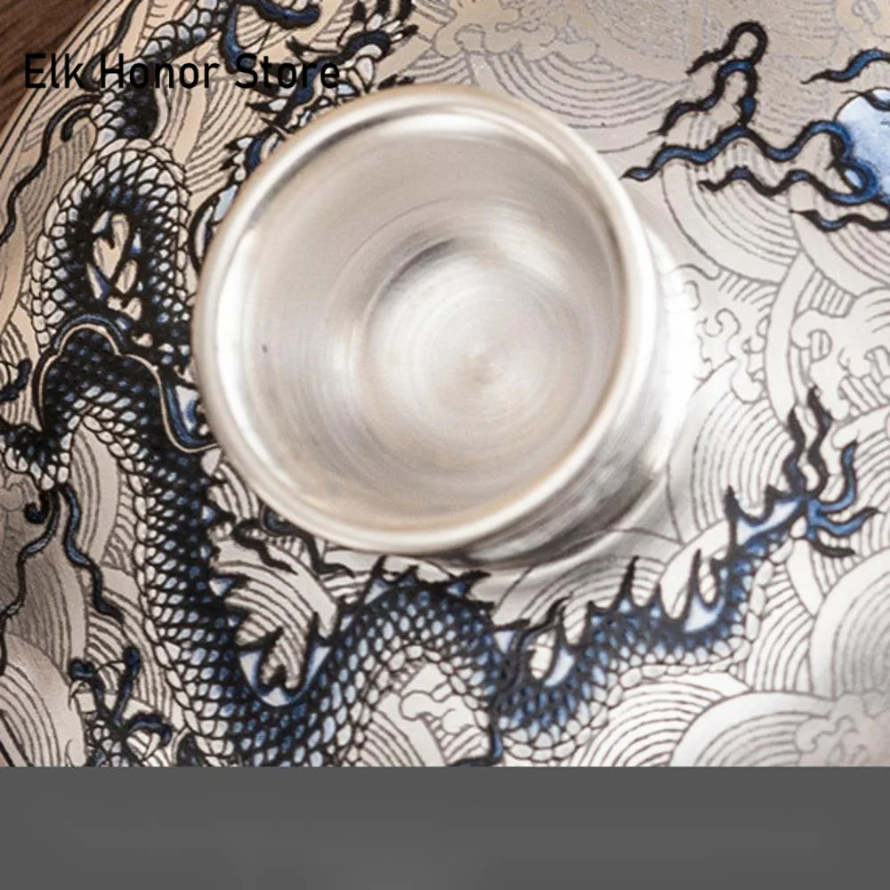 150ml Retro Silver Plated Gaiwan Blue and White Dragon Pattern Tea Tureen Household Tea Making Cover Bowl Items Collection