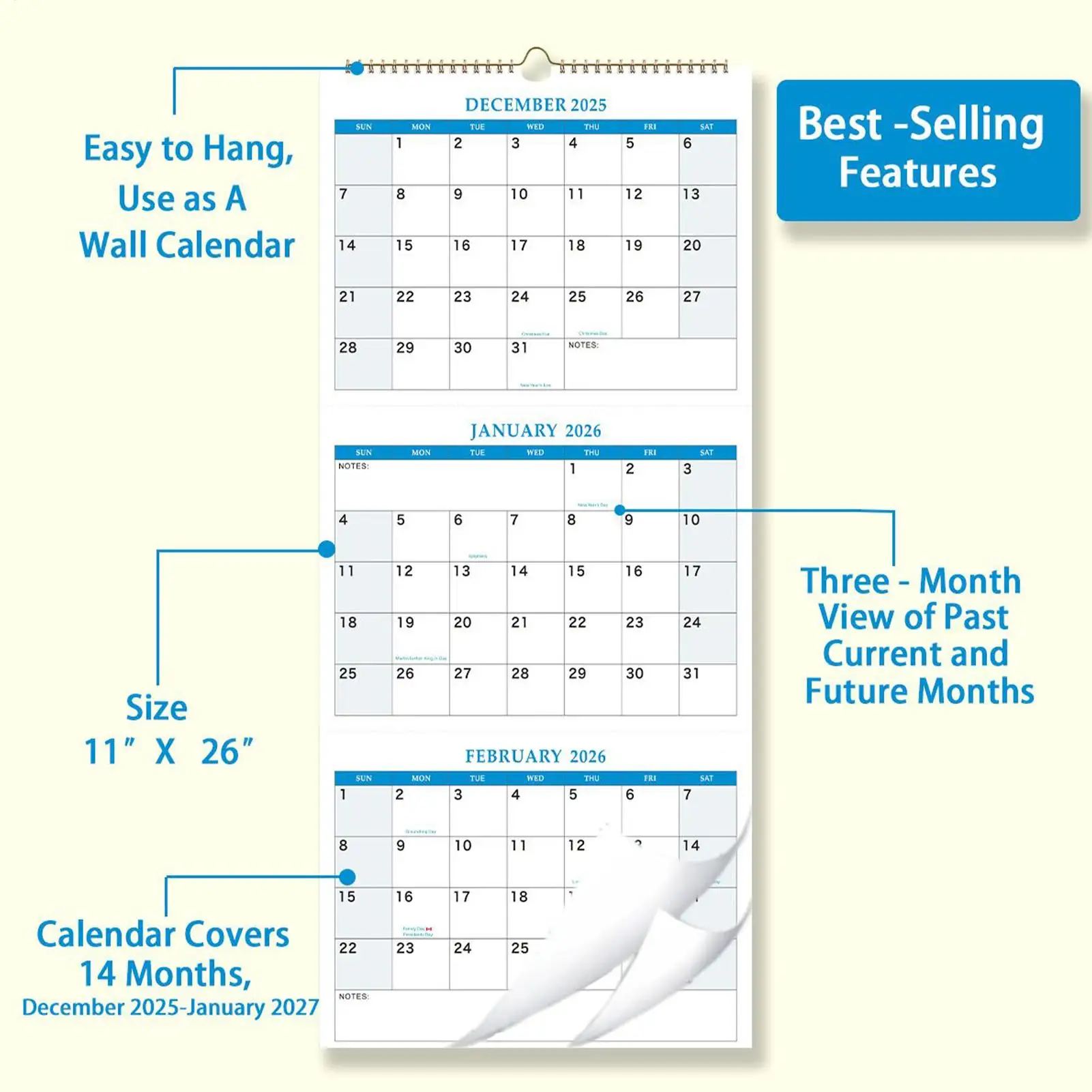 Large 2026 Wall Calendar with 3-Month View for Home and Office Organization