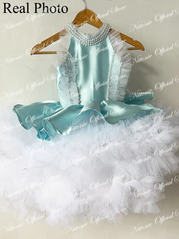 Blue puffy flower girl dress Wedding Tulle Knee Length Layered Kids Birthday Ball Gown First Communion