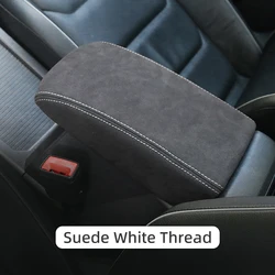 Premium Leather Protective Cover for Central Armrest Box - Volkswagen Tiguan Accessories (Suede white thread)