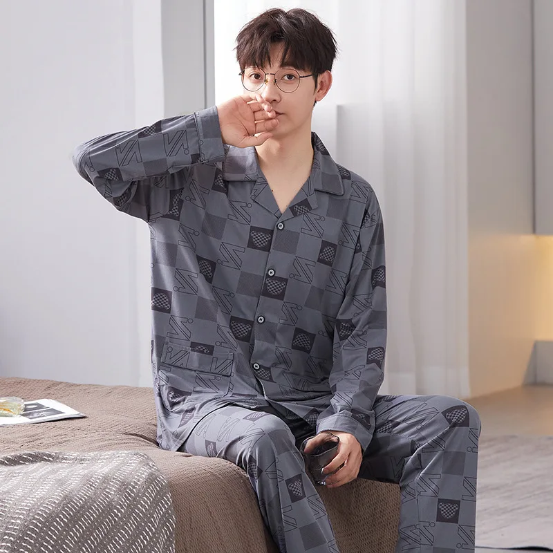 Spring Autumn Men's Knitted Cotton Pajamas Checkered Stripes Lapel Long Sleeve Cardigan Casual Loose Oversized Home Clothing Set