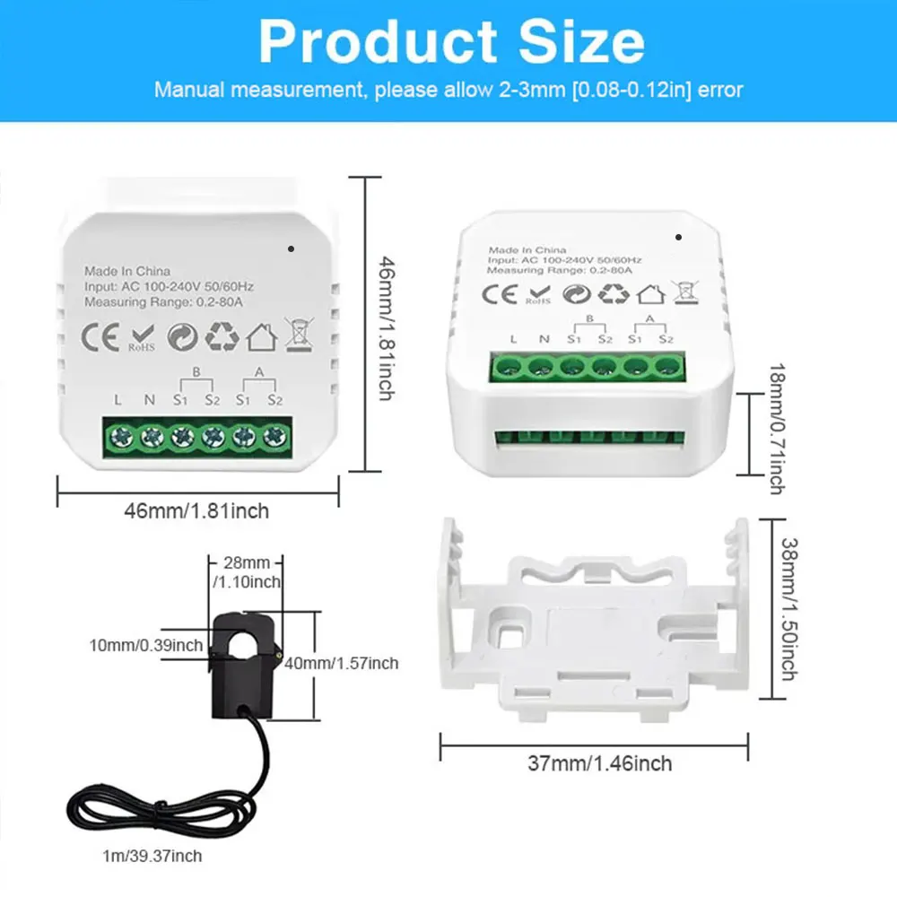 Tuya WIFI Smart Energy Meter Production Consumption Monitoring Meter APP Control 1/2CT Electricity Statistics 50/60Hz