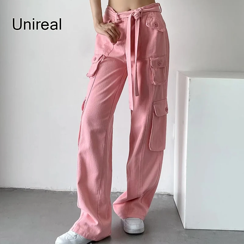 

Unireal 2022 Spring Autumn Women Cargo Pant High Waist Solid Pockets Streetwear Hip Hop Straight Pant Trousers