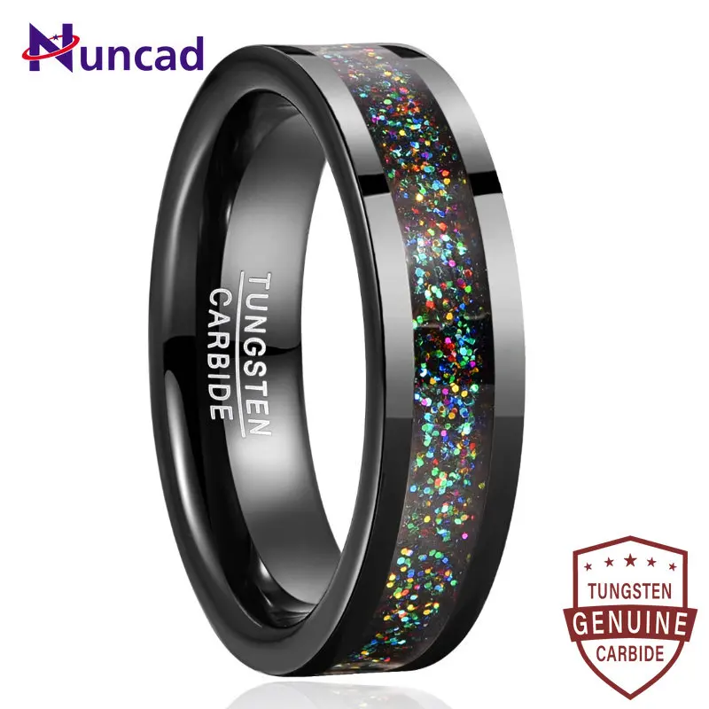 

Nuncad 6mm Tungsten Carbide Ring Black Color Dome Polished Inlaid Pink Bling Powder Women's Fashion Wedding Jewelry Best Gift