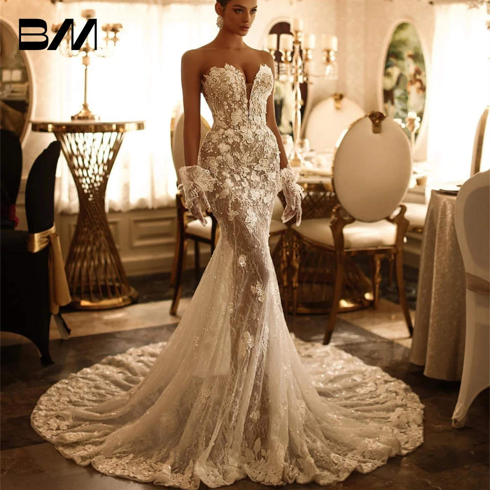 

Sexy Illusion Mermaid Wedding Dress Strapless Embroidered Lace See Through Women Bride Dresses Zipper Sheer Back Bridal Gown