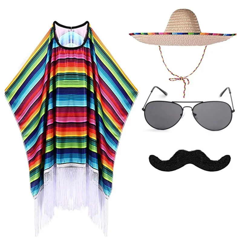 Party Hat Child Adult Mexican Party Costume Colourful Cloak Cape Wide Brimmed Hat Sunglasses Beard Mexican Holiday Halloween Fiesta