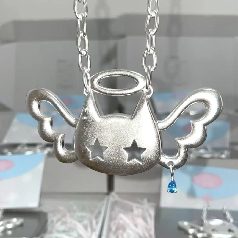 Y2K Schmuck Flügel Katze Anhänger Halskette für Frauen Koreanische Mode Blau Kristall Stern Anhänger Halskette Punk Charme Zubehör