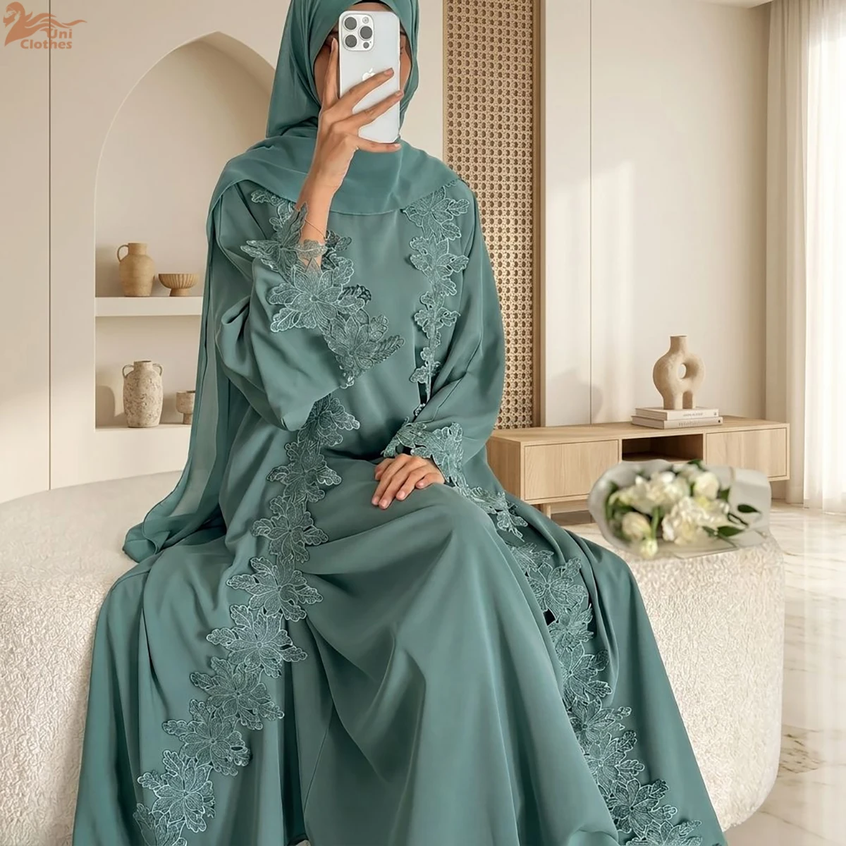 Zahraa New Abaya Nida Flower Lace Trim Abaya Isalmic Clothing Abaya Women Muslim Dress Dubai Abaya and Inner Dress 2 Piece Set 1