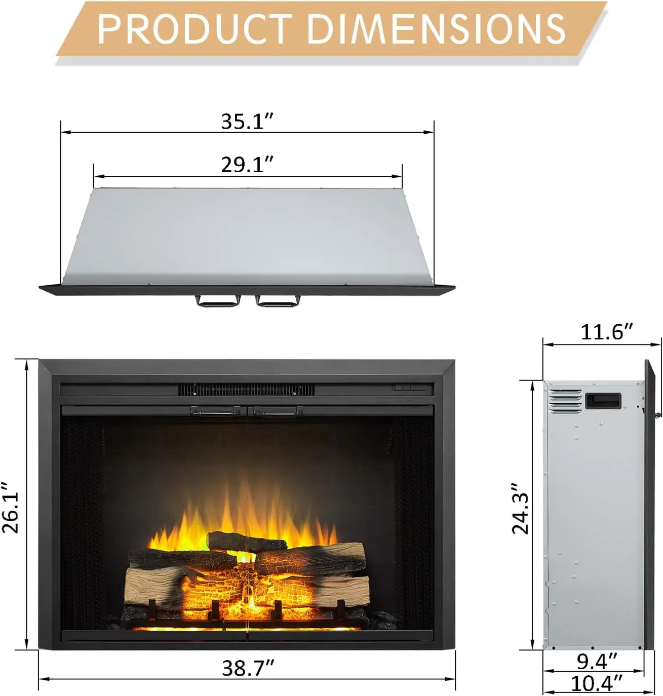 Damon 39 "W Electric Fireplace Insert Glass Door and Screen (EF265B) Fireplace Heater 750/1500W Fire Crackle Remote Control 3