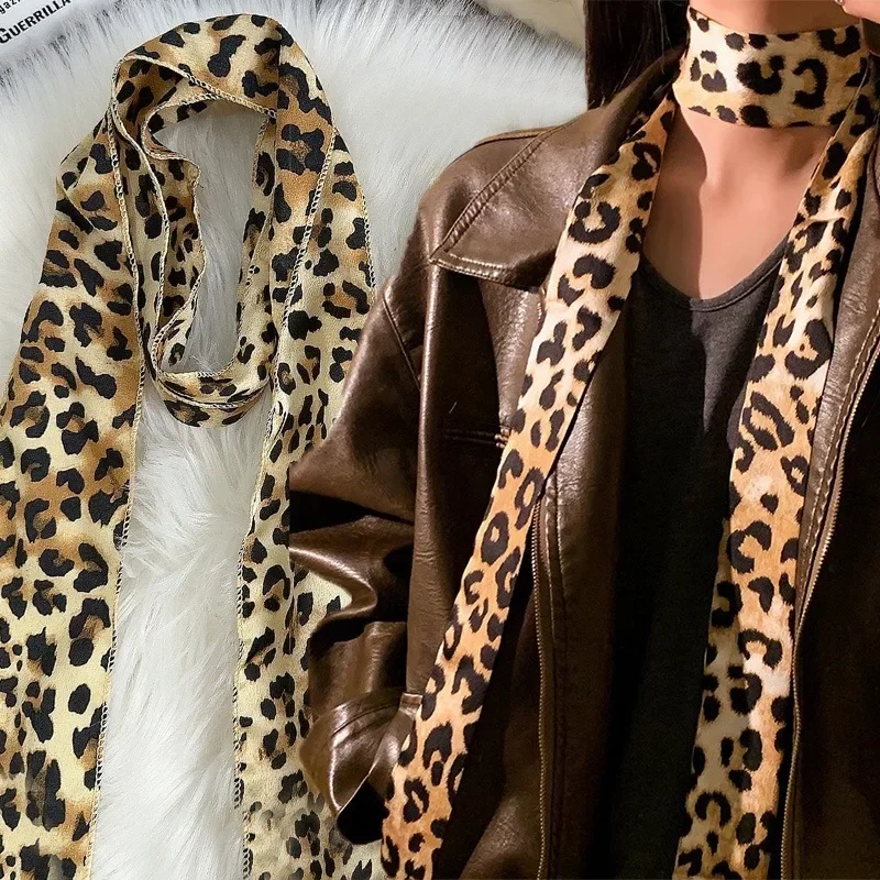 Y2K American Leopard Print Long Scarf 100x7CM Tie Multifunction Hair Band Bags Handle Decoration Long Scarfs Women Accessories 4