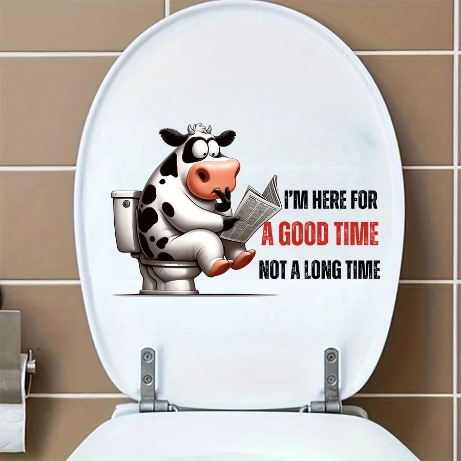 Funny Cow Reading Newspaper on Toilet Quotes Toilet Sticker Seat Tank Bathroom Wall Glass Sticker Decoration