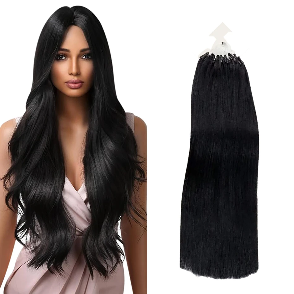 Fish Line Micro Ring Loop Hair Extensions 16-26 inch Remy Human Hair Extension 1g/Strand 50g Straight Natural Color 1B For Women