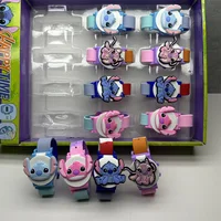 Disney Cartoon Wristwatches for Children Blue Stitch Watch for Kids Flip Cover  Silica Gel Watches 4PCS Set Blue Pink Purple