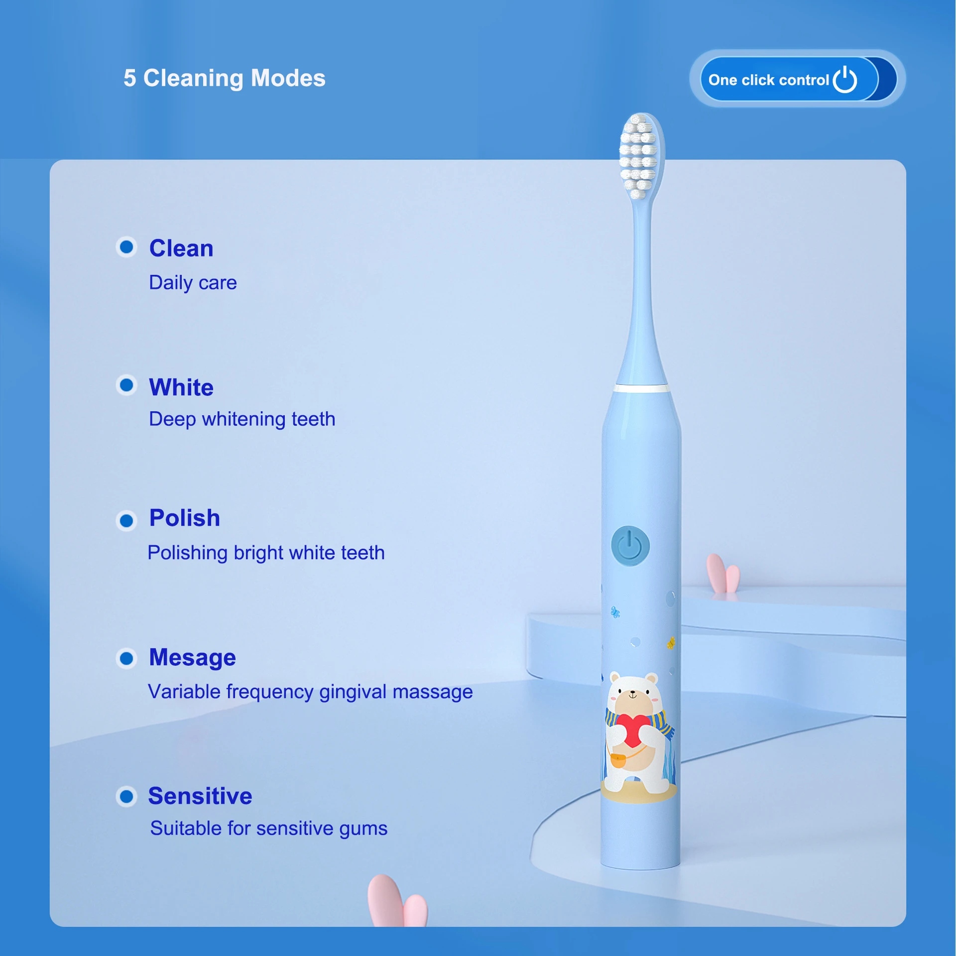5-speed Sonic Electric Toothbrush Cartoon for Kids Teeth Whitening Children's Tooth Brushes Rechargeable with Replace Heads IPX7 2