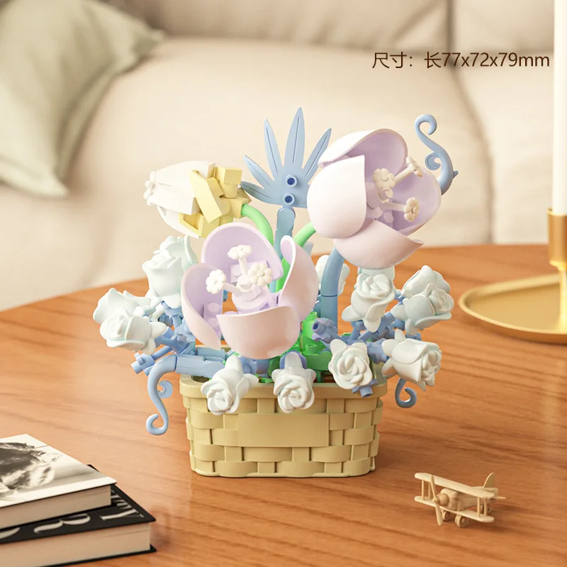 DIY MOC Potted Rose Sunflower Plants Succulents Bonsai Tree Gardens Romantic Building Blocks Model Bricks Kids Sets Kits Toys 4