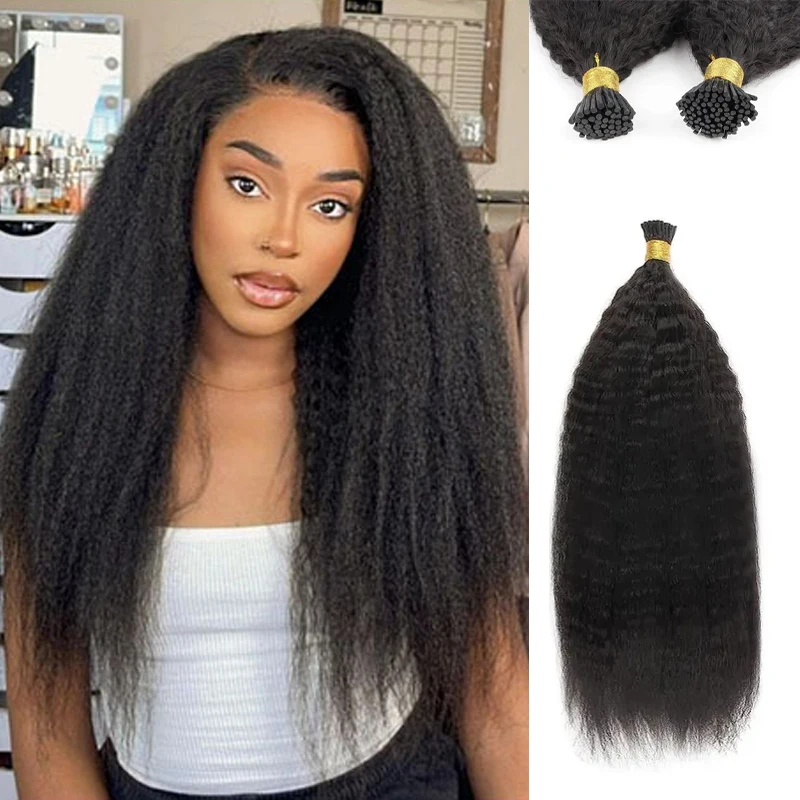 Kinky Straight I Tip Hair Extensions Real Human Hair Brazilian Virgin Itip Human Extensions For Women 50 Gram #1B hair extensions
