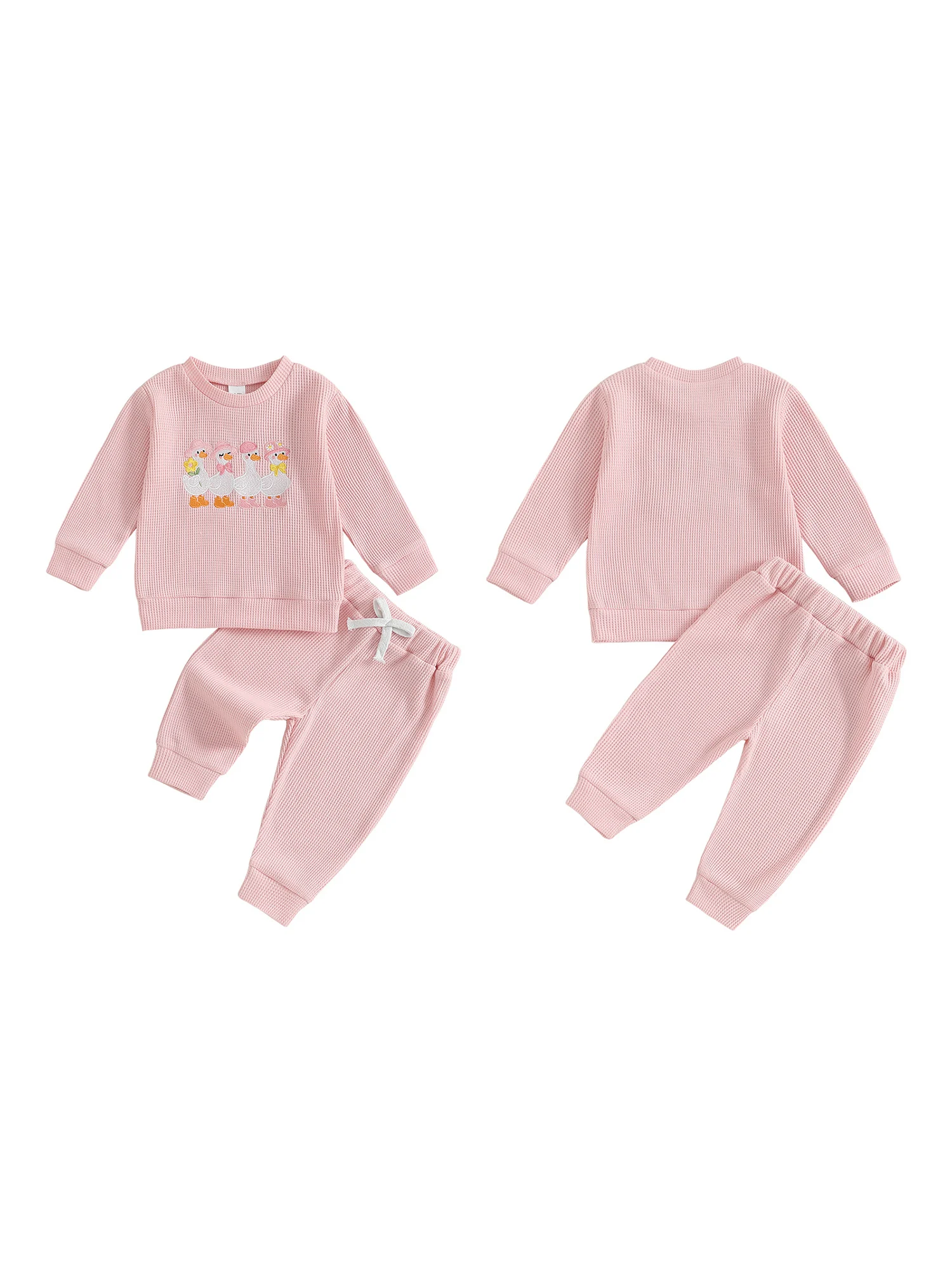 Toddler Girl Fall Outfits Waffled Goose Embroidery Long Sleeve Round Neck Pullover Elastic Waist Solid Pants 2 Pcs Set