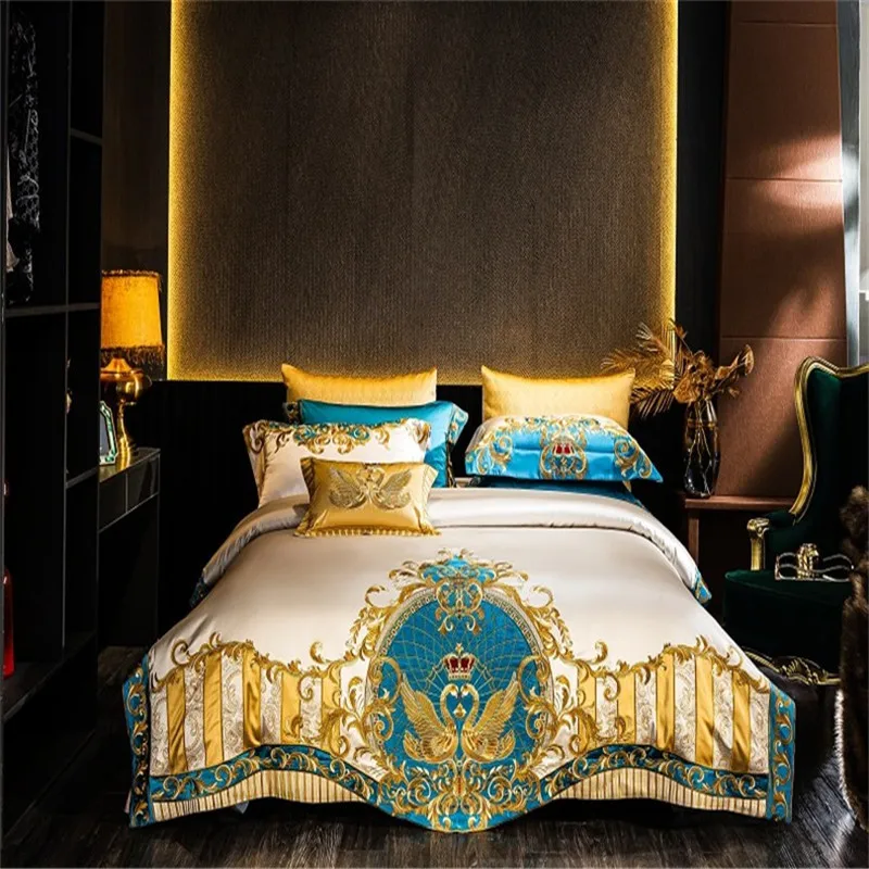 

Gold and Blue Embroidery Satin Comforter Cover 4/6/10Pcs Bedding set Quilted Cotton Bedspread Flat/Fittedsheet Square pillocases
