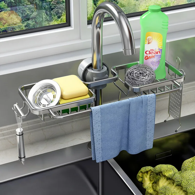 

Multifunctional Kitchen Sink Drain Rack Drill Free Bathroom Faucet Sponge Soap Holder with Hook Aluminum Sink Organizer Basket