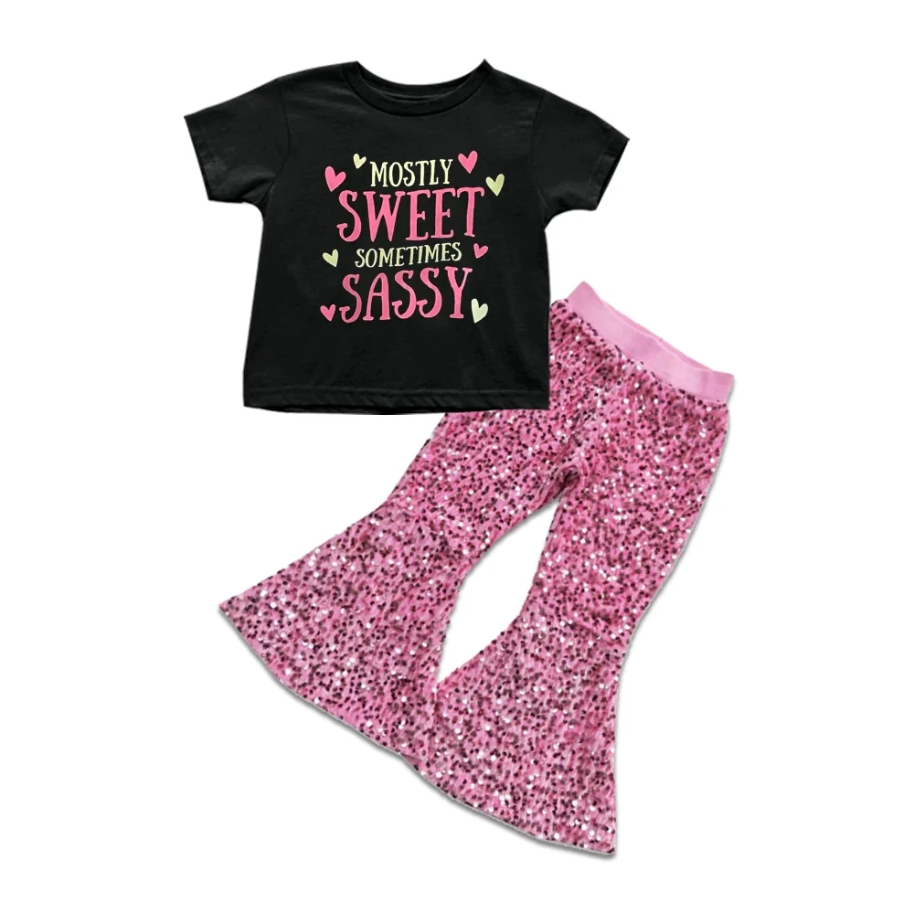 Girls Boutique Clothes Black Sweet Sassy Top Pink Sequin Bell