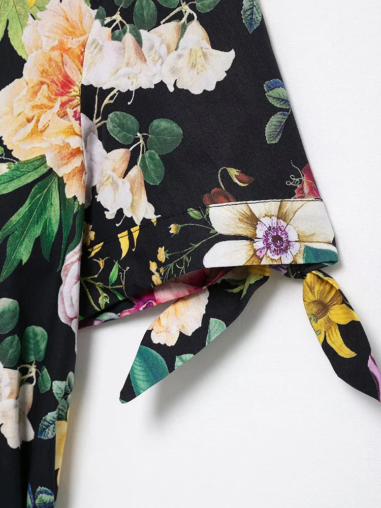 Floral Print Midi Dress Women 2025 Spring Fashion Short Sleeve Long Dresses for Women Casual With Belt Female Party Dresses