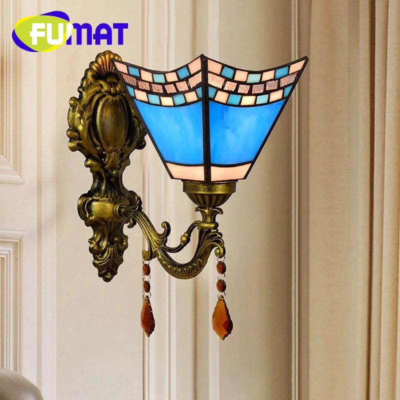 

FUMAT Tiffany style Stained glass Mediterranean blue square wall lamp Bedroom crystal bed wall lamp corridor balcony LED decor