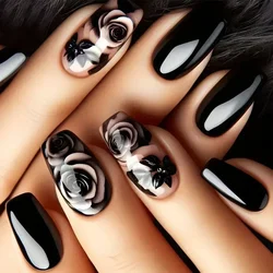 Elegant Black French Design Short Ballet False Nails Set with Heart Accents - 24pcs (18)