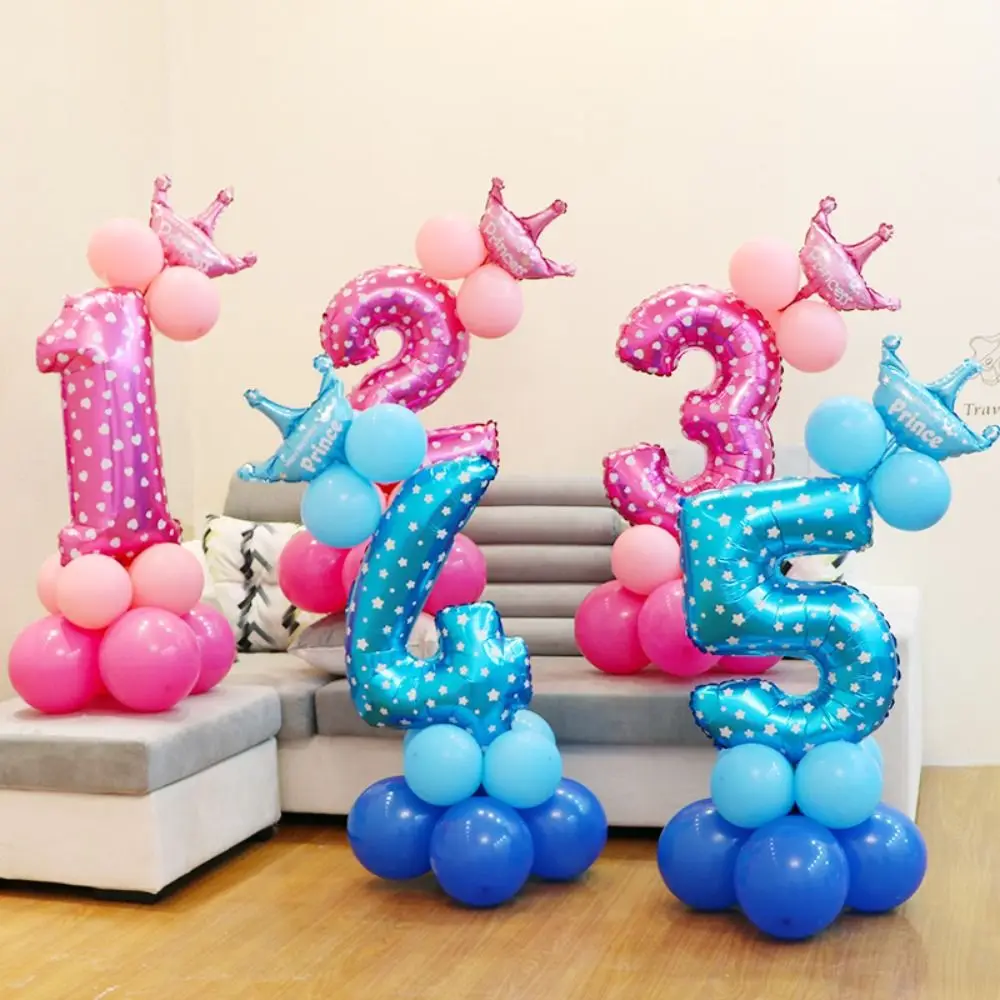 32in Birthday Party Number Balloon Star Print Blue Pink Number 0-9 Foil Balloon Aluminum Film Cartoon Zoo Theme Decoration