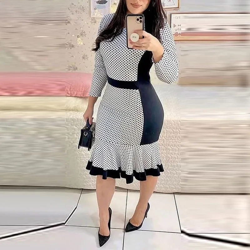 

Women Elegant Chic Polka Dot Patchwork Round Neck Wrist Mermaid Midi Working Dress