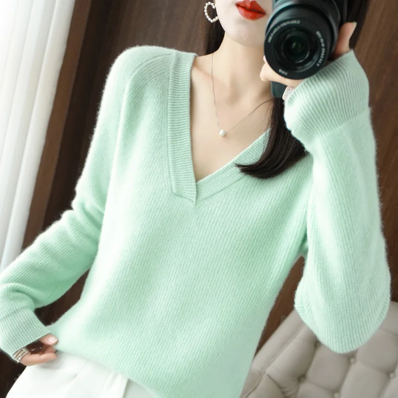 

Autumn and Winter New Cashmere Sweater Women's V-Neck Sweater 100% Pure Wool Casual Top Fashion Korean Pullover Bottoming Shirt