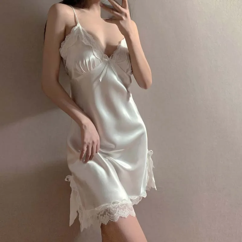 섹시한 속옷 스트랩 Nightdress 레이스 잠옷 멜빵 여성 잠옷 새틴 홈 재미 드레스 여름 레이디