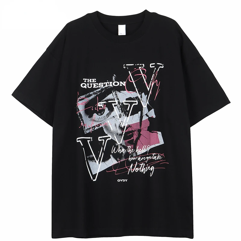 

2023 Men Streetwear T Shirt Vintage Printing Letter Graphic T-Shirt Hip Hop Oversized Harajuku Tshirt Cotton Tops Tees Black