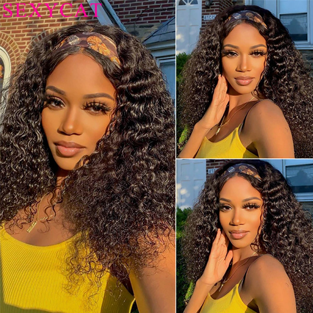 

SexyCat Headband Wigs Human Hair 1B Kinky Curly Headband Wigs for Black Women Preplucked Glueless Human Hair Wigs No lace Front