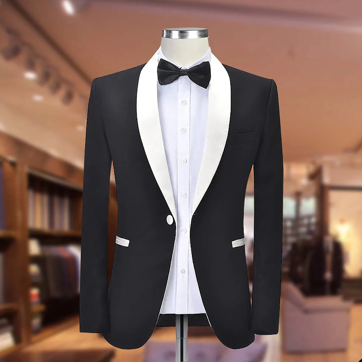 Black Luxury Men Wedding Jacket Shawl Lapel Tuxedos One Button Groom Wear Prom Evening Party Blazer Made Only Coat