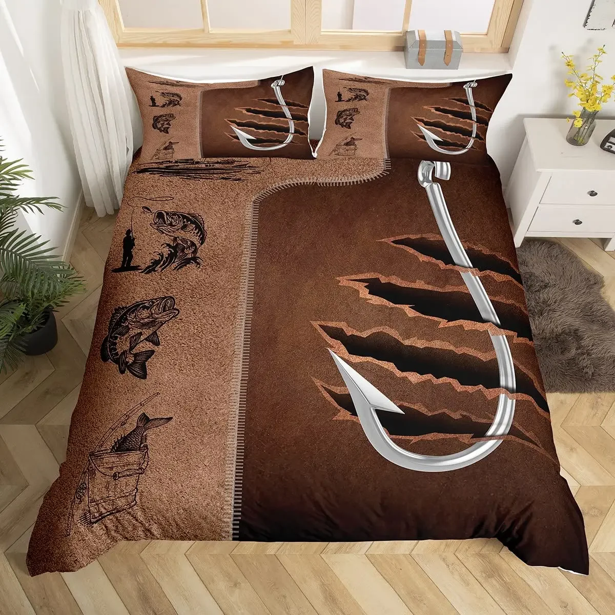 Fishhook Duvet Cover Set Twin Size Fishing Bedding Set Fish Hook Pattern Comforter Set,Modern Quilt Cover for Teen Adult