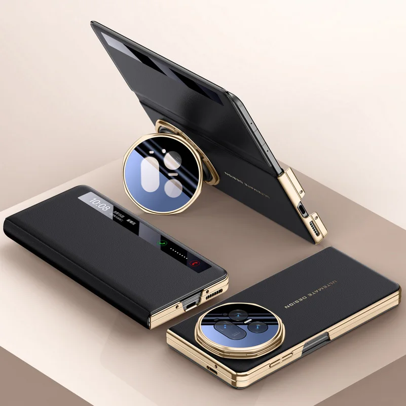 Luxury Leather Smart Window Magnetic Lens Holder Protective Case - All-Inclusive Cell Phone Back Cover