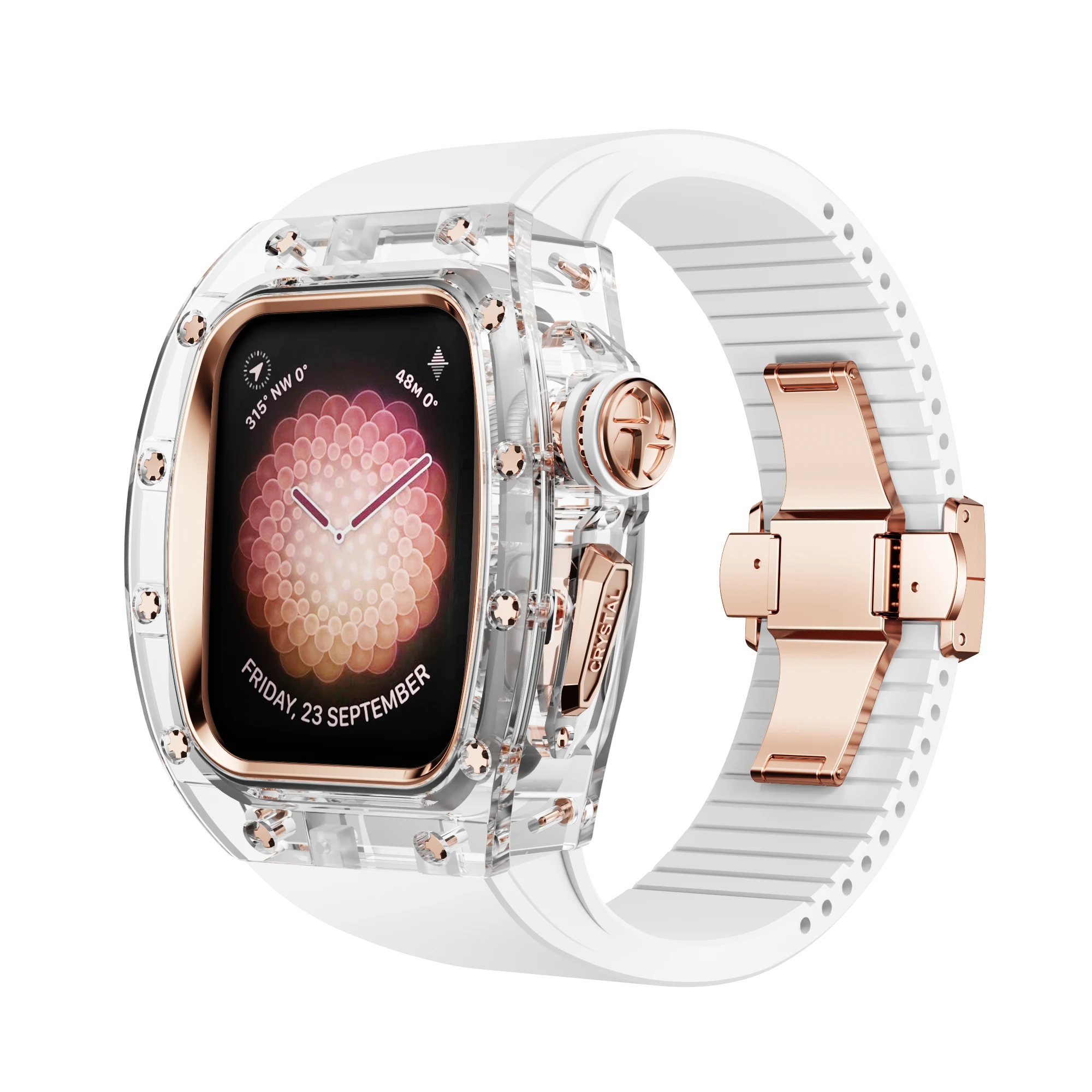 애플 워치용 Viton 스트랩 크리스탈 모드 키트, 패션 개조 케이스, 럭셔리 iWatch 시리즈 9, 8, 7, 6, 5, 4, SE, 화이트 밴드, 44mm, 45mm