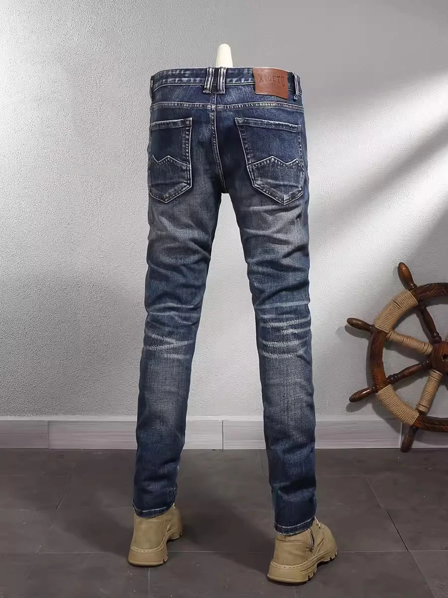 Newly Designer Fashion Men Jeans High Quality Retro Washed Blue Elastic Slim Fit Ripped Jeans Men Patched Vintage Denim Pants