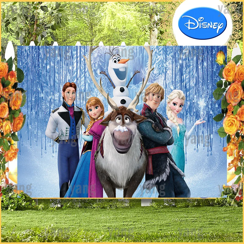 Cartoon Disney Sven Olaf Frozen Princess Hans Elsa Anna Birthday Party Blue Glitter Ice Forest Sfondo Fotografia Sfondo
