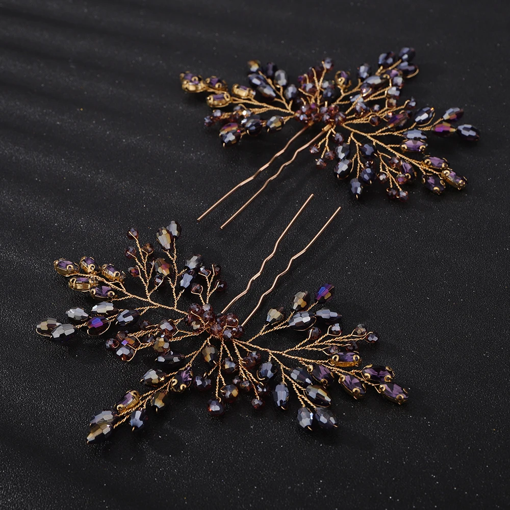 Trendy Rhinestone Crystal Bridal Hair Pins Handmade Purple Women Wedding Hairpins Accessories Silver Brides Jewelry Headpiece