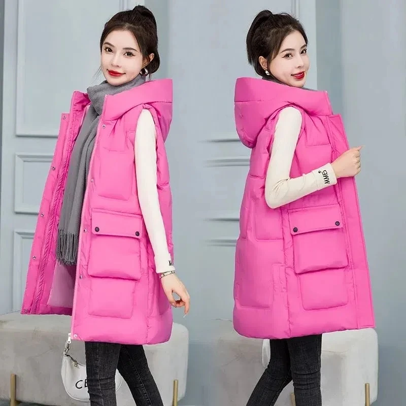 

2023 Autumn Winter Hooded Down Cotton Vest Coat Women New Thick Warm Long Sleeveless Jacket Female Waistcoat Parka Outerwear 5XL