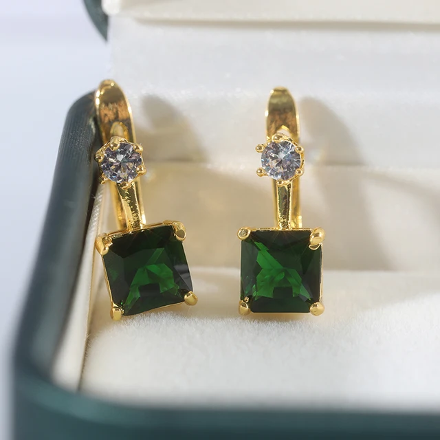 Unique 18K Yellow Gold Filled Green Emerald Diamond Earrings for Women Anniversary Gift Party Engagement Wedding Jewelry F