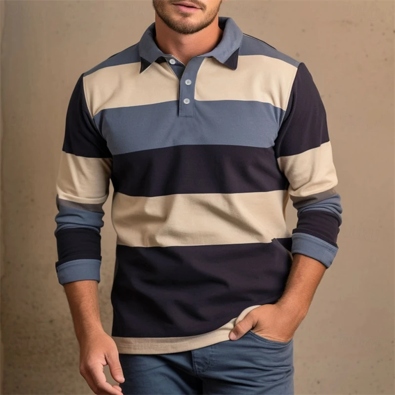 Polo grafiche a righe casual da uomo Semplice autunno Business Polo da golf a maniche lunghe stampata in 3D T-shirt con risvolto larghe e traspiranti - immagine 4