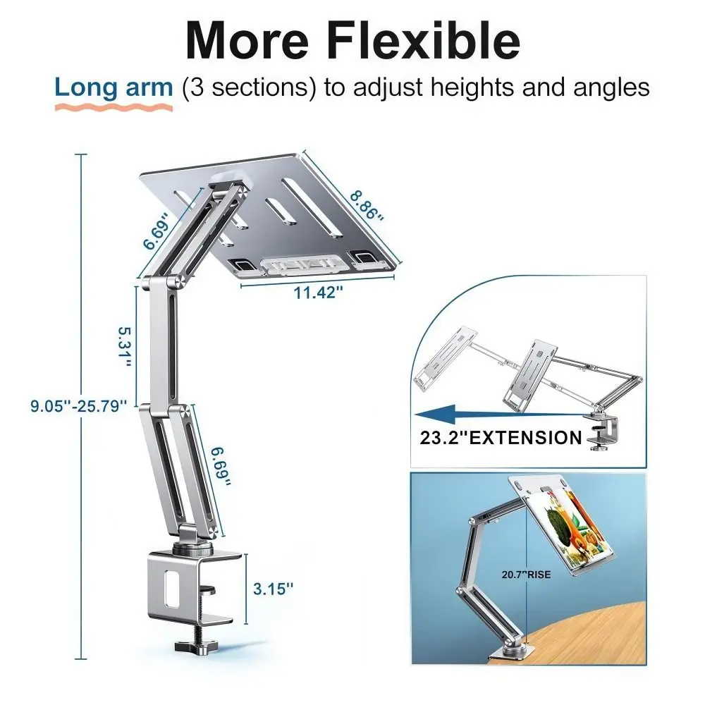 튼튼한 360 ° 회전식 노트북 책상 마운트 싱글 암 접이식 노트북 스탠드 17인치 노트북용 알루미늄 조절식 태블릿 홀더