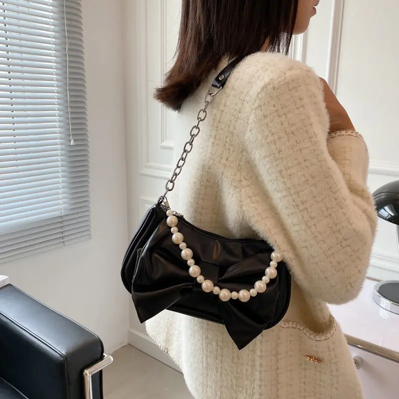 

Niche Design Bow Bag Women's 2022 New Summer Fairy Pearl Handbag Pleated One-Shoulder Women's Bag Ladies Underarm Bag