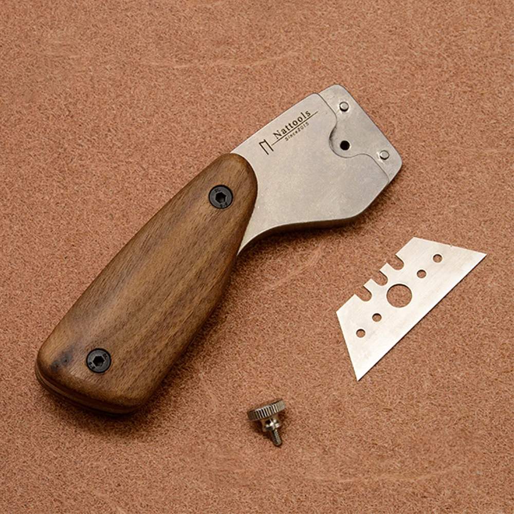 Nattools 수제 가죽 절단 칼, DIY 교체 가능한 날카로운 날 절단 도구, 호두 손잡이, 고급 가죽 제작 도구