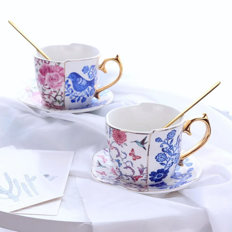 

European style exquisite retro gold painted flower and bird asymmetric ceramic coffee cup and plate set tea set